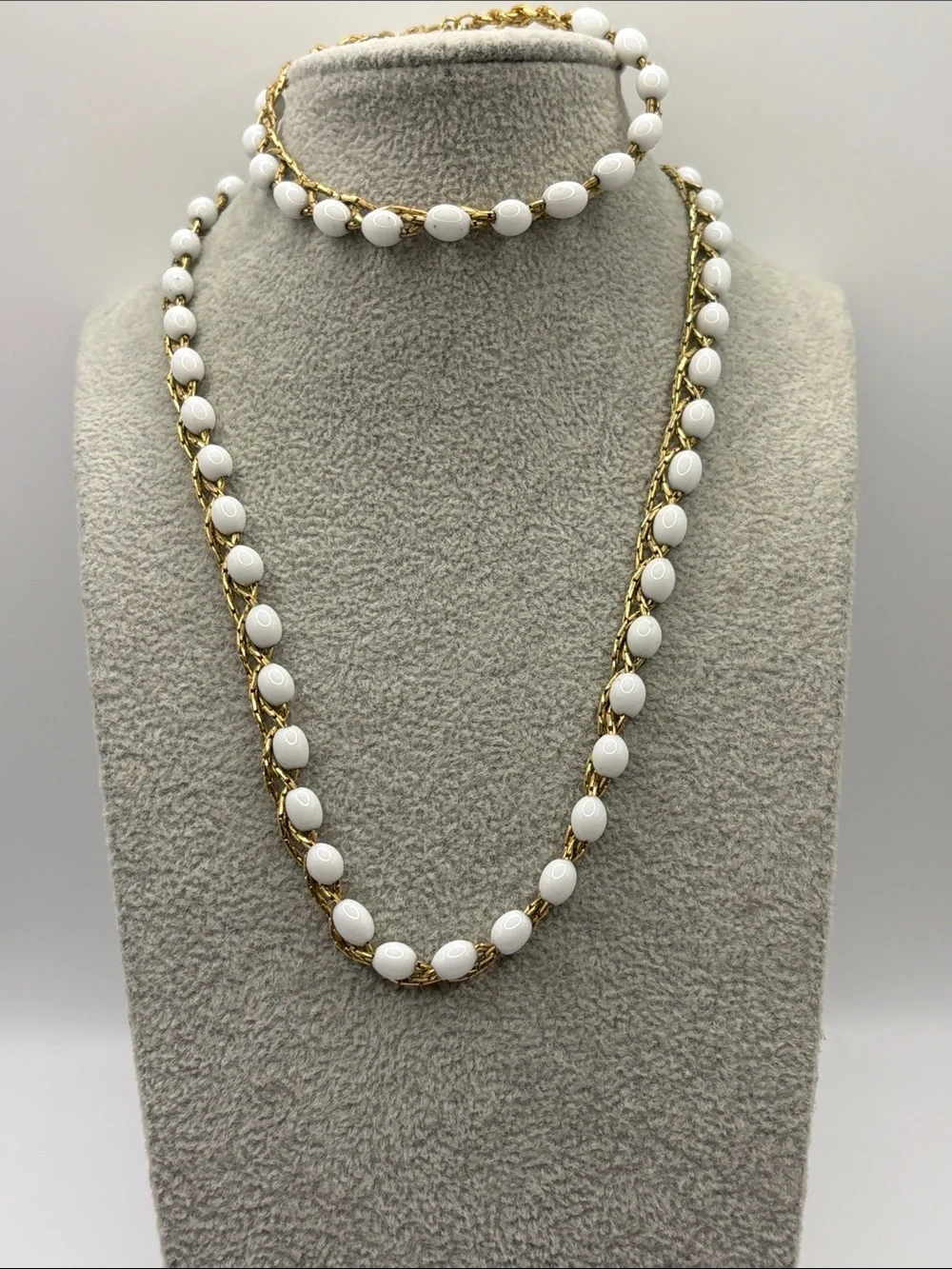 Monet White Bead 16” Necklace and Bracelet Set Gold-Tone Chain 7.25”